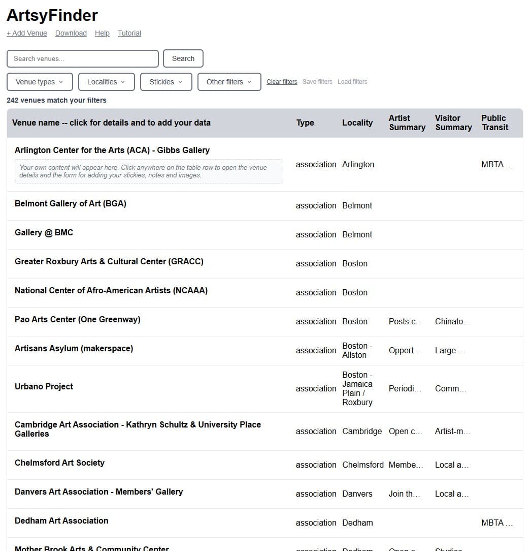 Desktop venues table preview